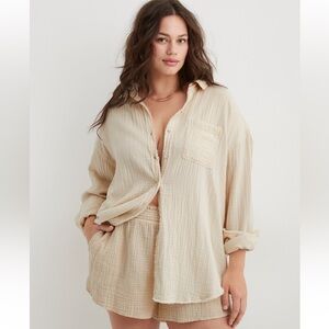 Aerie Cream Gauze Cotton Poolside Button Down Shirt NWOT